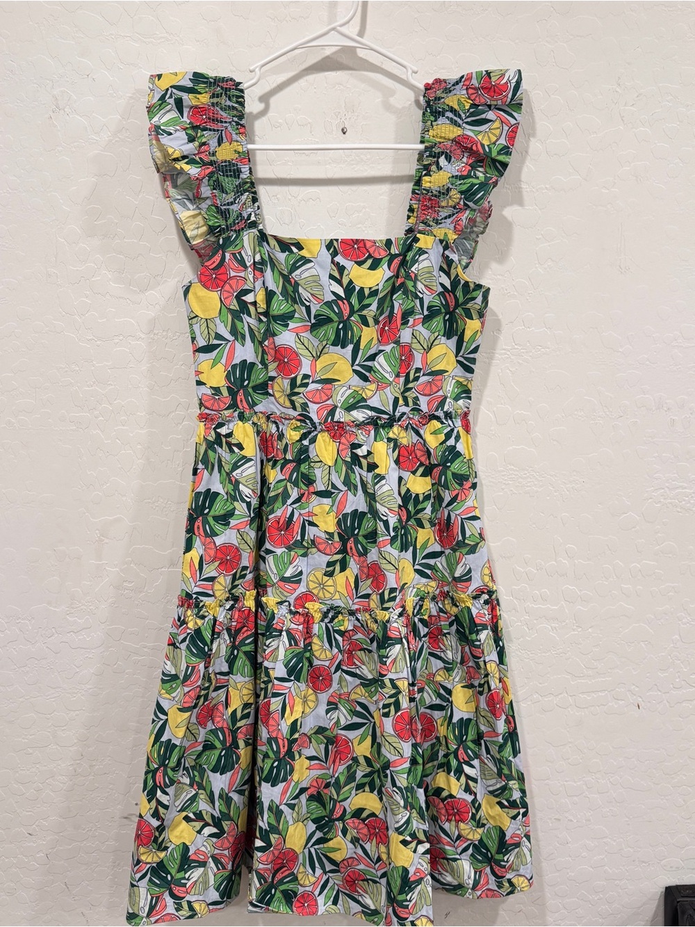 Eliza J Green Floral Citrus Midi Dress Womens 4 Smocked Ruffle Sleeves Tiered